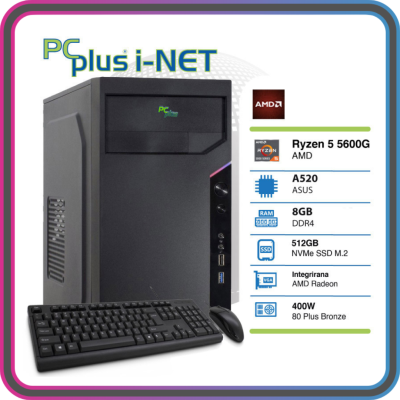 PCPLUS i-NET Ryzen 5 5600G 8GB 512GB NVMe M.2 SSD tipkovnica miška namizni računalnik