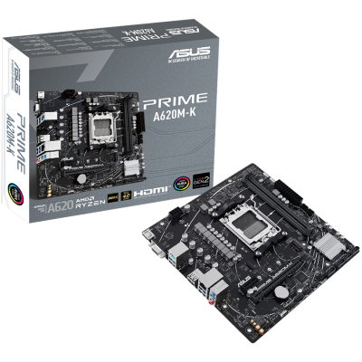 ASUS PRIME A620M-K AM5 mATX matična plošča - AMD A620 2xDIMM DDR5 1xM.2 4xSATA PCIe 4.0 1Gb Ethernet 1xD-SUB 1xHDMI Aura Sync RGB Osvetlitev