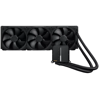 ASUS ProArt LC 420 all-in-one CPU liquid cooler with illuminated system status meter and three Noctua NF-A14 industrialPPC-2000 PWM 140mm radiator fans