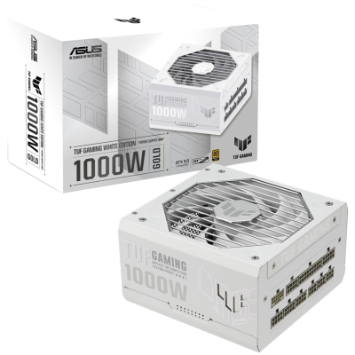 ASUS TUF Gaming 1000W 80 Plus Gold White Edition napajalnik, ATX 3.0 compatible, Fully modular etched cables, Military-grade Certification, Axial-tech fan design, Dual ball fan bearings, protective PCB coating, 10-year warranty