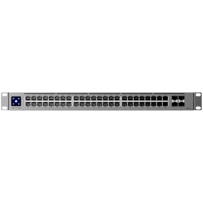 Ubiquiti 48-port, Layer 3 switch 2.5 GbE and PoE++ output, 16x 2.5 GbE ports including (8) PoE+ and (8) PoE++, 32x GbE ports including (24) PoE+ and (8) PoE++, 4x 10G SFP+ ports. Can power devices with up to 720W, it has power consumption of 100W (Excludi