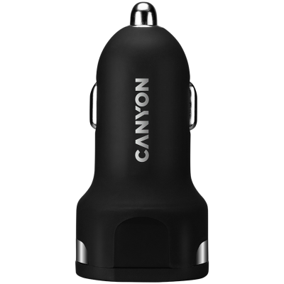 CANYON C-04, Univerzalni avtomobilski adapter s 2 USB priključkoma, vhod 12V-24V, izhod 5V-2.4A, z inteligentnim IC, črna gumijasta prevleka s srebrnim elektroplakiranim obročem, 59,528,728,7 mm, 0,019 kg.