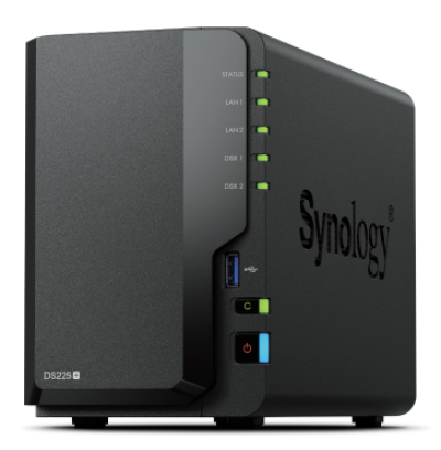 Synology DS225+, Tower, 2-bays 3.5'' SATA HDD/SSD, CPU Inte Celeron J4125 4-core (4-thread) 2.0 GHz, burst up to 2.7 GHz, 2 GB DDR4 non-ECC (expandable up to 6 GB), 1xRJ-45 1GbE LAN, 1xRJ-45 2.5 GbE LAN, 2xUSB 3.2 Gen 1, 1.3 kg, 3yr warranty
