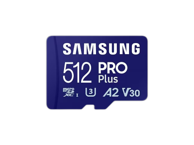 Spominska kartica Samsung PRO Plus micro SDXC, 512GB, 180MB/s, U3, V30, A2, UHS-I, z SD adapterjem