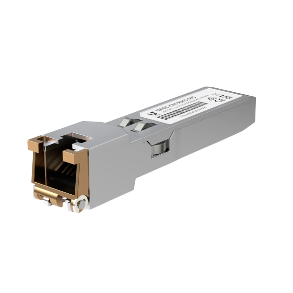 Ubiquiti UACC-CM-RJ45-MG SFP+ to RJ45 adapter, 1/2.5/5/10 GbE is a RJ45 transceiver that can be inserted into an SFP port in order to connect a copper Ethernet cable