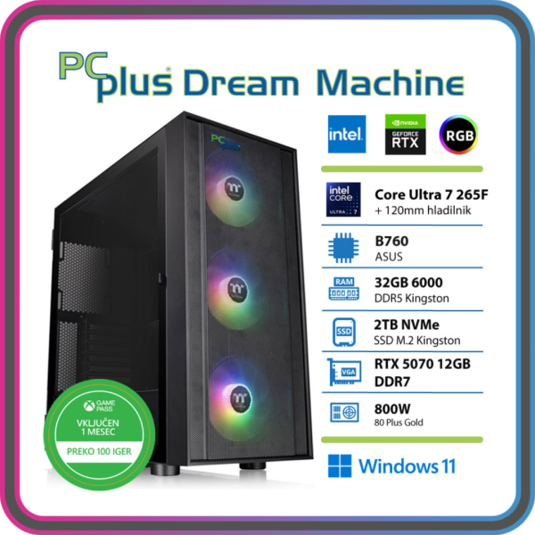 PCPLUS Dream Machine Ultra 7 265F 32GB 2TB SSD RTX 5070 12GB Windows 11 Home + Xbox GP gaming namizni računalnik
