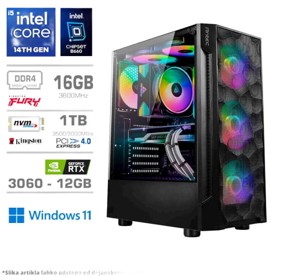 Računalnik PCX Exton, i5 14400/16GB/1TB/RTX3060/RGB/Win11 Home