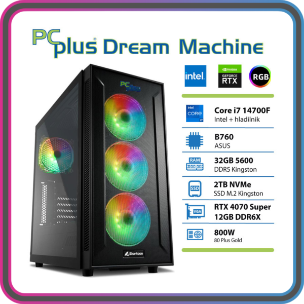 PCPLUS Dream Machine Core i7-14700F 32GB 2TB NVMe SSD RTX 4070 Super 12GB gaming namizni računalnik