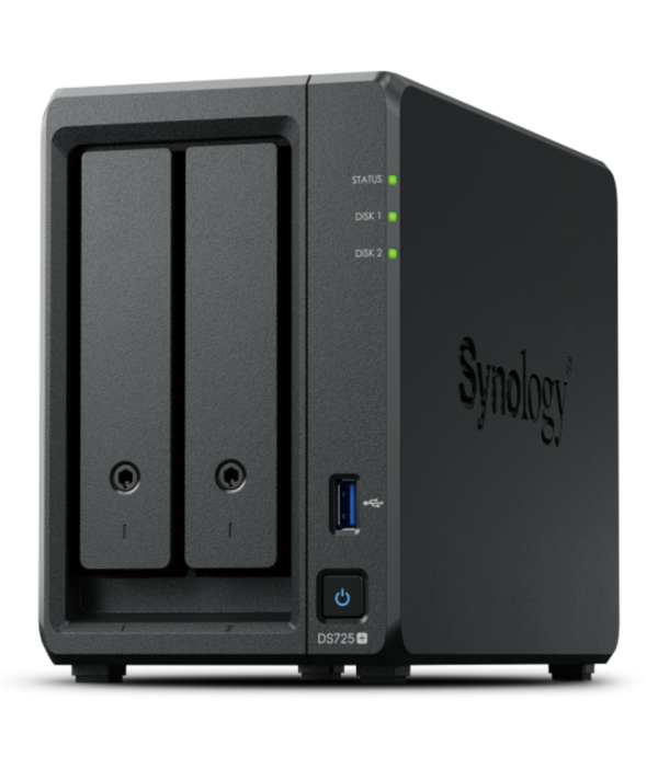 Synology DS725+, Tower, 2-Bays 3.5'' SATA HDD/SSD, 2 x M.2 2280 NVMe SSD, CPU AMD Ryzen R1600 dual-core (4-thread), max. boost up to 3.1 GHz, 4 GB DDR4 ECC SODIMM, 1 x 2.5 GbE, 1 x 1GbE, 1 x USB 3.2, 1 x eSATA USB-C, 1.51 kg, 3y