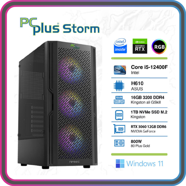 PCPLUS Storm i5-12400F 16GB 1TB NVMe SSD GeForce RTX 3060 12GB RGB Windows 11 Home gaming namizni računalnik