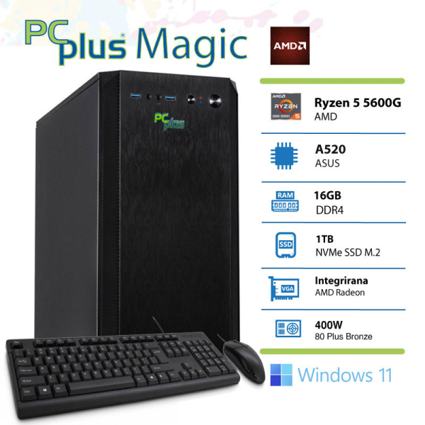 PCPLUS Magic AMD Ryzen 5 5600G 16GB 1TB NVMe SSD Windows 11 Pro tipkovnica miška namizni računalnik