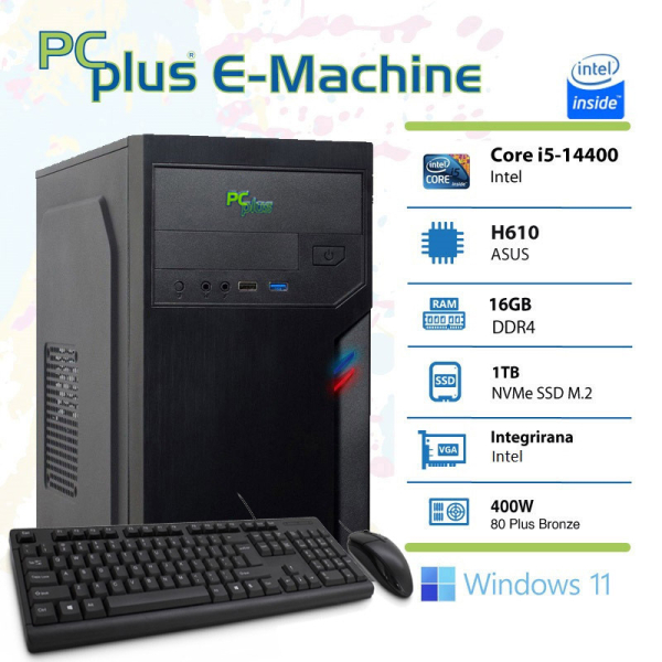 PCPLUS E-machine i5-14400 16GB 1TB NVMe SSD Windows 11 Home tipkovnica miška namizni računalnik