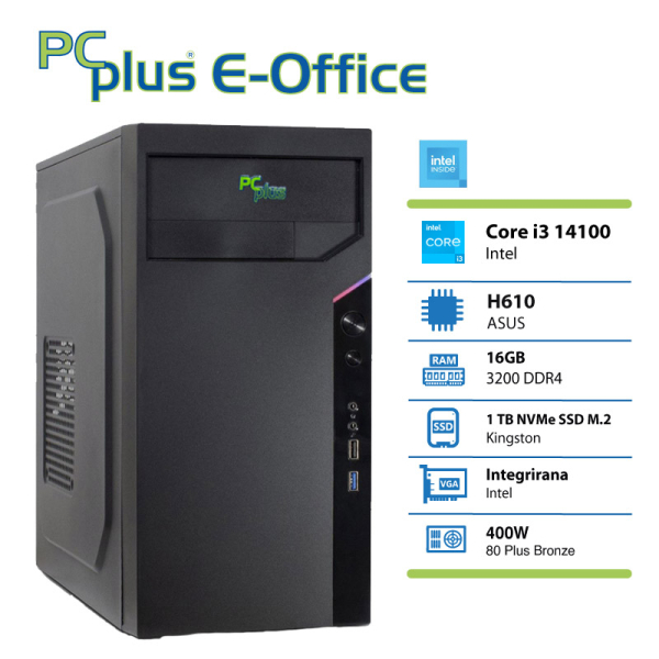 PCplus e-Office i3-14100 16GB 1TB NVMe SSD namizni računalnik