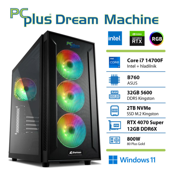 PCPLUS Dream Machine Core i7-14700F 32GB 2TB NVMe SSD RTX 4070 Super 12GB Windows 11 Home gaming namizni računalnik