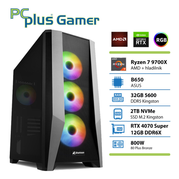 PCPLUS Gamer Ryzen 7 9700X 32GB 2TB NVMe SSD RTX 4070 Super 12GB gaming namizni računalnik