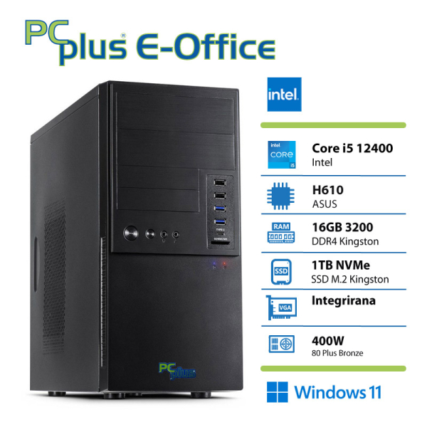 PCplus e-office i5-12400 16GB 1TB NVMe SSD Windows 11 Home tipkovnica miška namizni računalnik