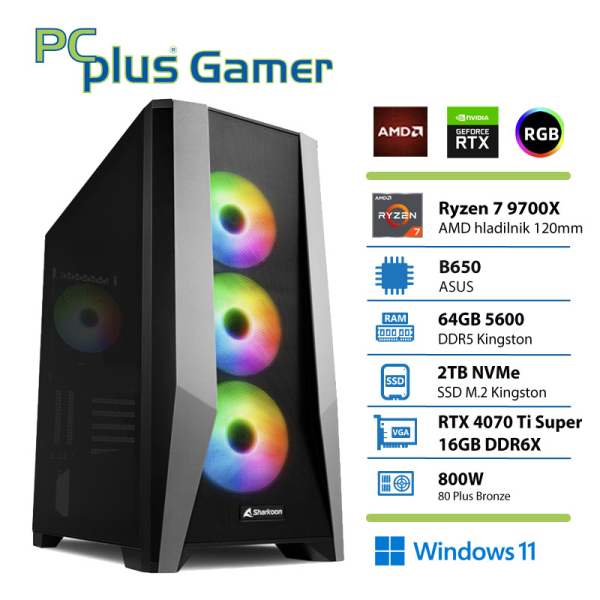 PCPLUS Gamer Ryzen 7 9700X 64GB 2TB NVMe SSD RTX 4070 Ti Super 16GB Windows 11 Home gaming namizni računalnik