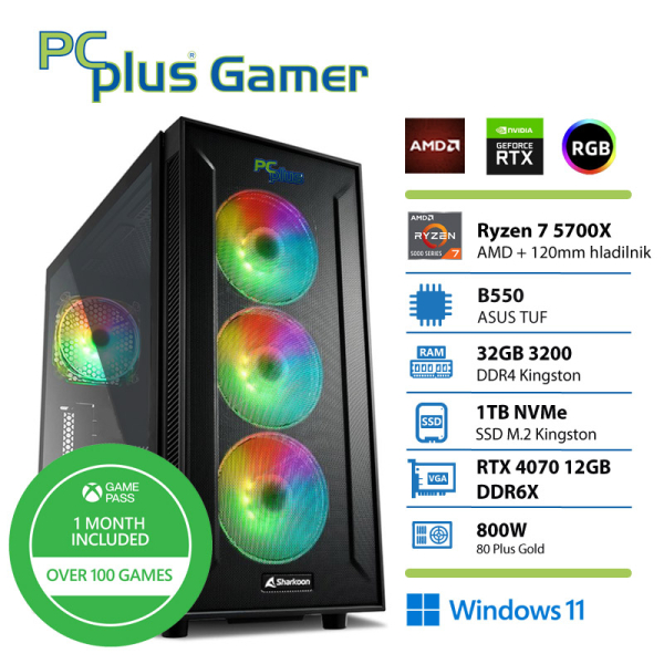 PCPLUS Gamer Ryzen 7 5700X 32GB 1TB NVMe SSD GeForce RTX 4070 12GB RGB Windows 11 Home + Xbox GP gaming namizni računalnik