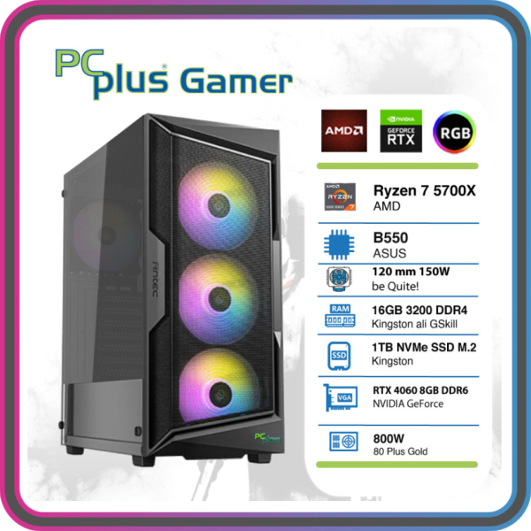 PCPLUS Gamer Ryzen 7 5700X 16GB 1TB SSD RTX 4060 8GB RGB gaming namizni računalnik