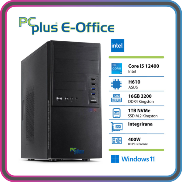 PCplus e-office i5-12400 16GB 1TB NVMe SSD Windows 11 Home tipkovnica miška namizni računalnik