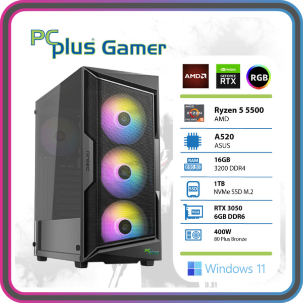 PCplus Gamer Ryzen 5 5500 16GB 1TB NVMe SSD GeForce RTX 3050 6GB Windows 11 gaming namizni računalnik