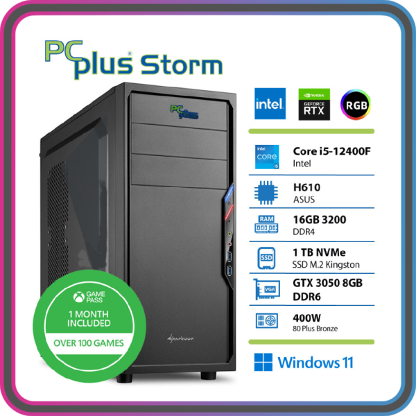 PCPLUS Storm i5 12400F 16GB 1TB SSD RTX 3050 8GB Windows 11 Home gaming namizni računalnik