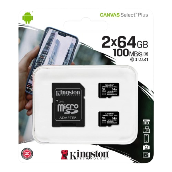 KINGSTON Canvas Select Plus microSD 2x64GB Class10 UHS-I adapter (SDCS2/64GB-2P1A) spominska kartica in adapter