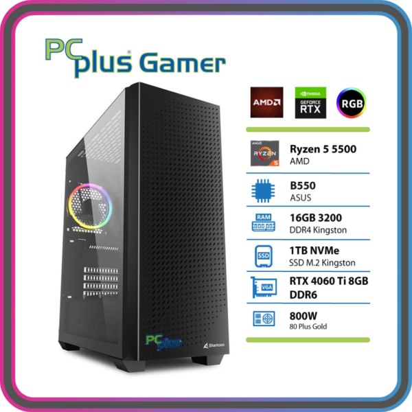 PCPLUS Gamer Ryzen 5 5500 16GB 1TB NVMe SSD RTX 4060 Ti 8GB DDR6 gaming namizni računalnik