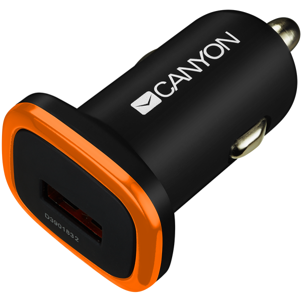 CANYON C-01, univerzalni avtomobilski adapter s 1 USB priključkom, vhod 12V-24V, izhod 5V-1A, črna gumijasta prevleka s oranžnim elektroplakiranim obročem