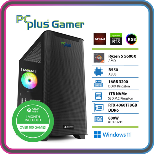PCPLUS Gamer Ryzen 5 5600X 16GB 1TB SSD RTX 4060Ti 8GB Windows 11 Home gaming namizni računalnik