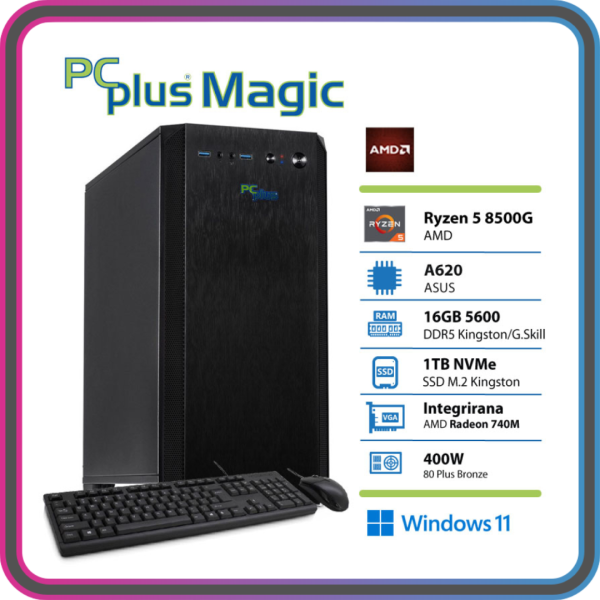 PCPLUS Magic Ryzen 5 8500G 16GB 1TB SSD Windows 11 Home tipkovnica miška namizni računalnik