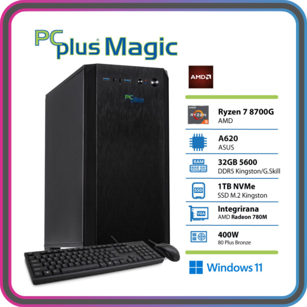 PCPLUS Magic Ryzen 7 8700G 32GB 1TB SSD Radeon 780M tipkovnica miška namizni računalnik