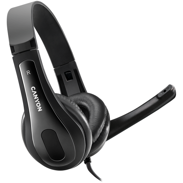 CANYON CHSU-1, slušalke z mikrofonom, USB priključkom, usnjenimi blazinicami, ravnim kablom dolžine 2,0 m, 16060160 mm, 0,13 kg, črna.