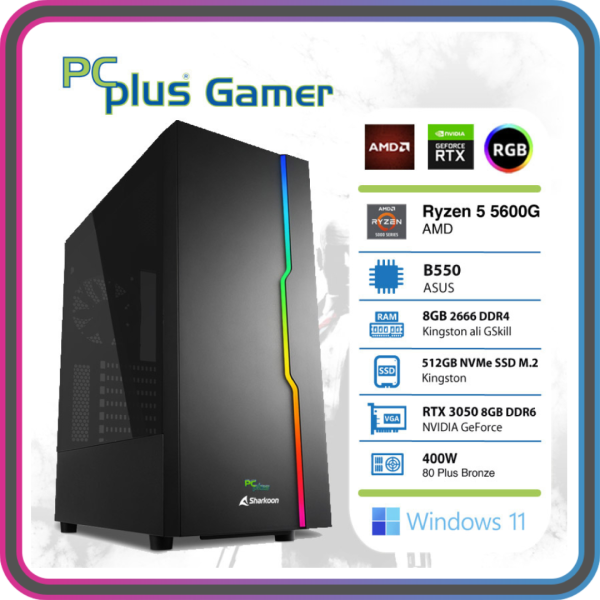 PCPLUS Gamer Ryzen 5 5600G 8GB 512GB NVMe SSD GeForce RTX 3050 8GB Windows 11 Home RGB gaming namizni računalnik