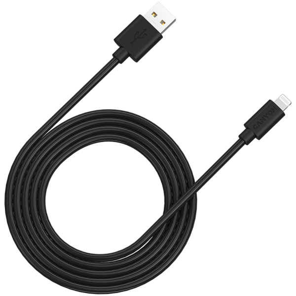 CANYON MFI-12, Lightning USB kabel za Apple (C48), okrogel, PVC, 2 m, premer: 4,0 mm, žica za napajanje in signal: 21AWG2C 28AWG2C, hitrost prenosa podatkov: 26 MB/s, črn. Z zaščito, s CANYON logotipom in CANYON embalažo. Certifikati: ROHS, MFI.