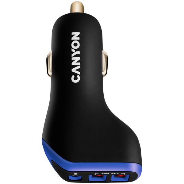 C-08, Univerzalni avtomobilski adapter s 3 USB priključki, vhod 12V-24V, izhod DC USB-A 5V/2.4A (maks.)   Type-C PD 18W, z inteligentnim IC, črna in vijolična z gumijasto prevleko, 713926,2 mm, 0,028 kg.