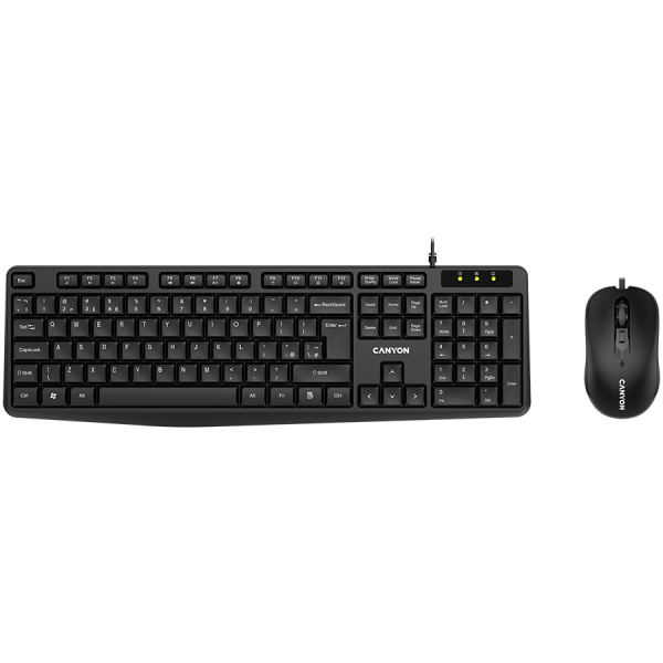CANYON SET-1, komplet USB standardne tipkovnice, 104 tipk, odporna na vodo, z optično 3D žično miško 1000 DPI, USB2.0, črna
