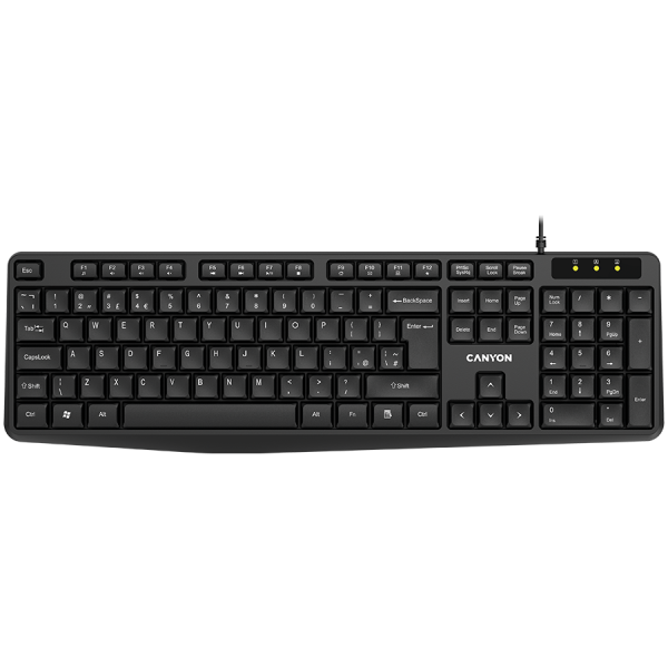 CANYON KB-1, žična tipkovnica, 104 tipk, USB2.0, črna, dolžina kabla 1,5 m, 44314524mm, 0,37 kg