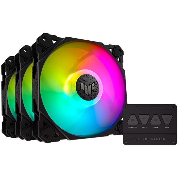ASUS TUF Gaming TF120 ARGB 3v1 - Komplet treh ohišnih ventilatorjev s krmilnikom ARGB hub in PWM krmiljenjem zagotavlja visoko zmogljivost in trajnost v mavrici barv (Črna)