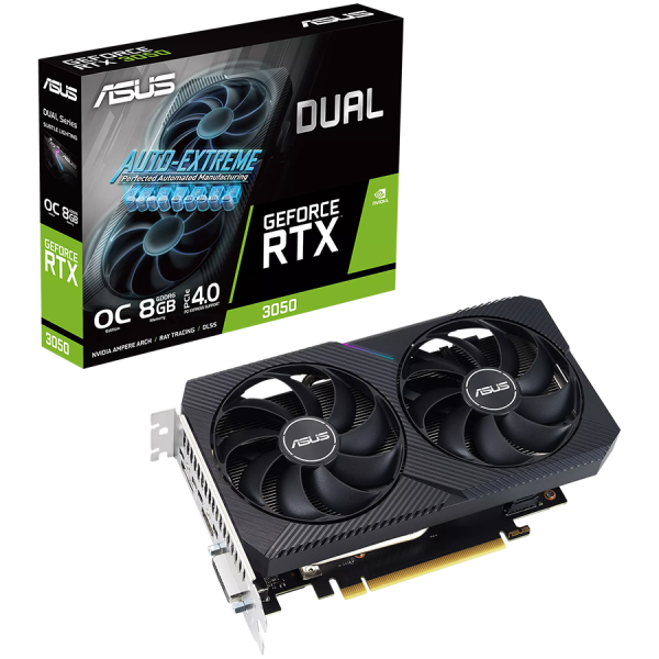 ASUS Video Card NVidia Dual GeForce RTX 3050 V2 OC Edition 8GB GDDR6 VGA z dvema zmogljivima ventilatorjema Axial-tech in 2-režno zasnovo za široko združljivost, PCIe 4.0, 1xDVI-D, 1xHDMI 2.1, 1xDisplayPort 1.4a.