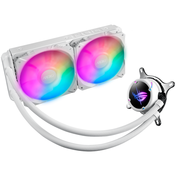 ASUS ROG Strix LC II 240 ARGB White Edition vodno hlajenje za procesor z Aura Sync in dvojnimi ROG 120 mm naslovljivimi RGB ventilatorji.