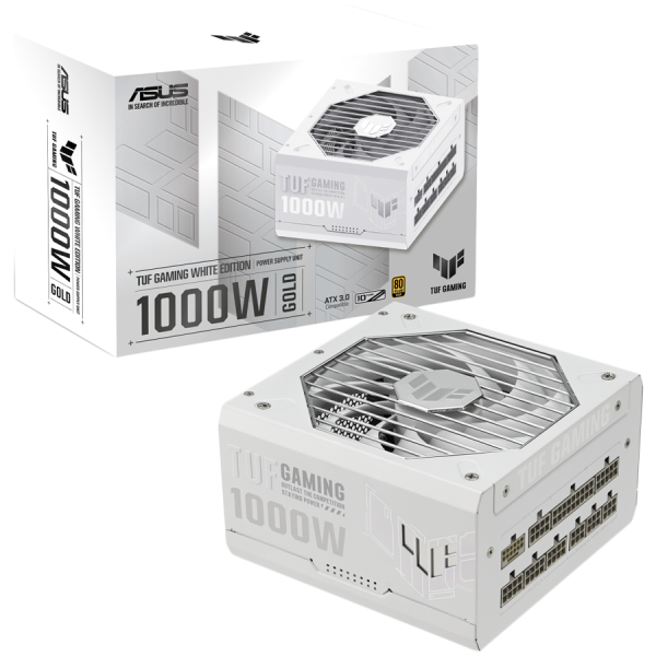 ASUS TUF Gaming 1000W 80 Plus Gold White Edition napajalnik, ATX 3.0 compatible, Fully modular etched cables, Military-grade Certification, Axial-tech fan design, Dual ball fan bearings, protective PCB coating, 10-year warranty