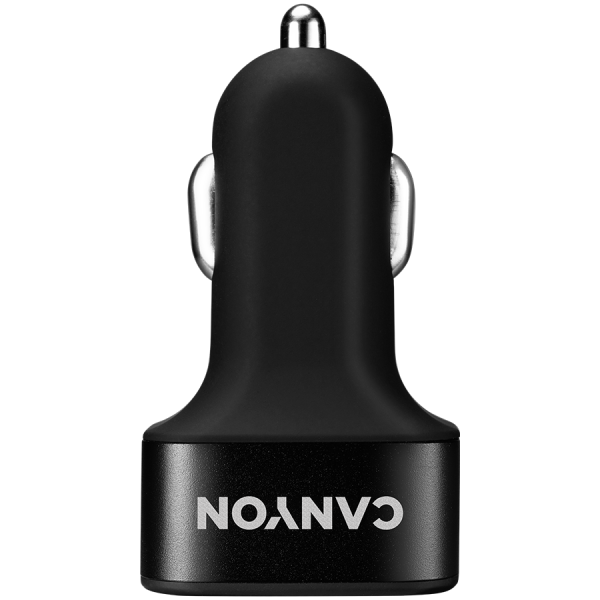 CANYON C-06, univerzalni avtomobilski adapter s 3 USB priključki, vhod 12V-24V, izhod 5V-3.1A, črna gumijasta prevleka   črni kovinski obroč