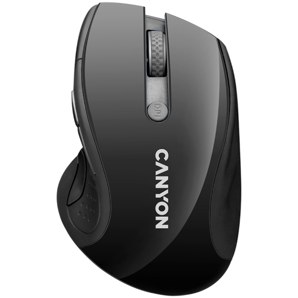 CANYON MW-01, brezžična miška 2,4 GHz s 6 gumbi, optično sledenje - modra LED, DPI 1000/1200/1600, črna sijoča perla, 113x71x39,5 mm, 0,07 kg..