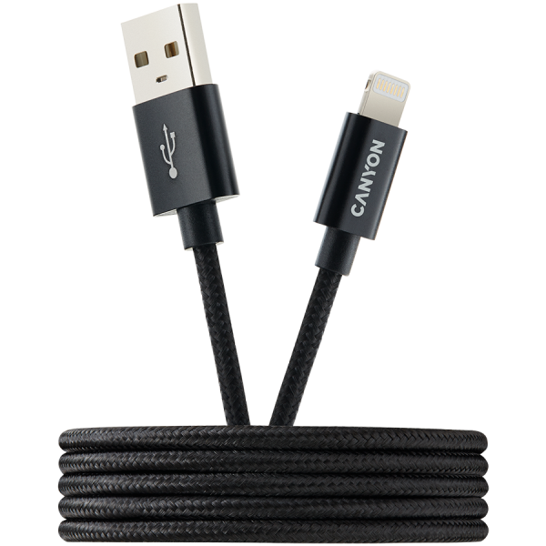 CANYON CFI-3, Lightning USB kabel za Apple, pleten, kovinska lupina, dolžina kabla 1m, črna, 14,96,81000mm, 0,02kg