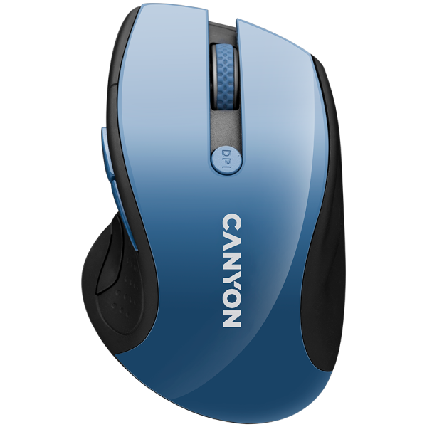 CANYON MW-01, brezžična miška 2,4 GHz s 6 gumbi, optično sledenje - modra LED, DPI 1000/1200/1600, črna sijoča perla, 113x71x39,5 mm, 0,07 kg.