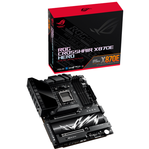 ASUS ROG CROSSHAIR X870E HERO AM5 ATX osnovna plošča - AMD X870E, 4xDDR5, 5xM.2, 1xSlimSAS, 4xSATA, 5Gb 2.5Gb LAN, WiFi 7, BT, 1xHDMI, 2xUSB4 40Gbps porta (USB Type-C), Aura Sync