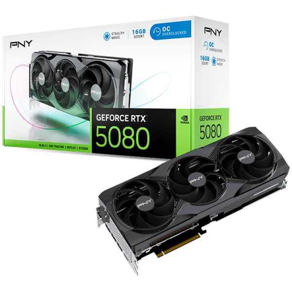 PNY GeForce RTX 5080 16GB Overclocked Triple Fan DLSS 4 grafična kartica, PCIe 5.0, 1xHDMI 2.1b, 3xDisplayPort 2.1b