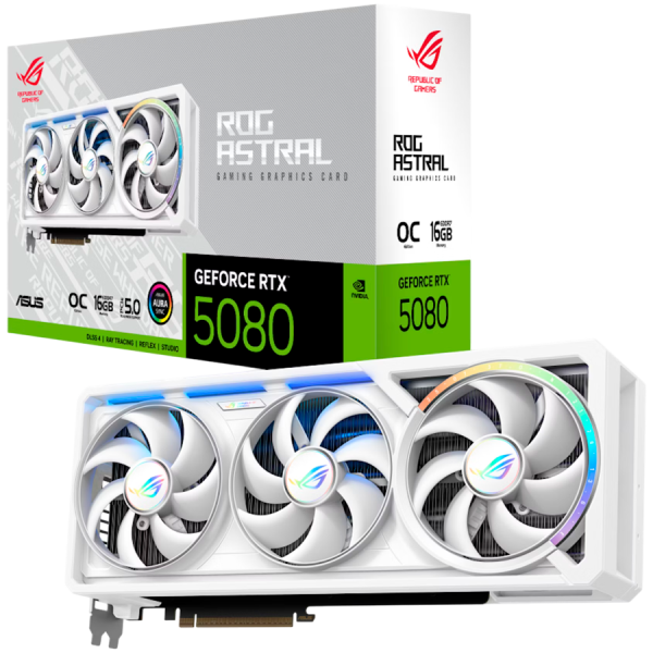 ASUS ROG Astral GeForce RTX 5080 White OC Edition 16GB GDDR7 (ROG-ASTRAL-RTX5080-O16G-WHITE) grafična kartica, PCIe 5.0, 2xHDMI 2.1b, 3xDisplayPort 2.1b