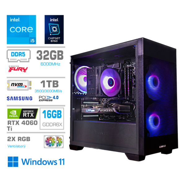 Računalnik MEGA MT S7X GAMER i5-13400F/RTX4060Ti-16GB/32GB-DDR5/1TB/750W/Win11Home/črna RGB